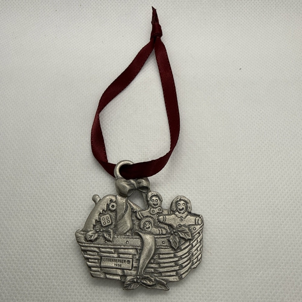 Longaberger 1996 Gingerbread Basket Pewter Christmas Ornament Tie On - Picture 2 of 4